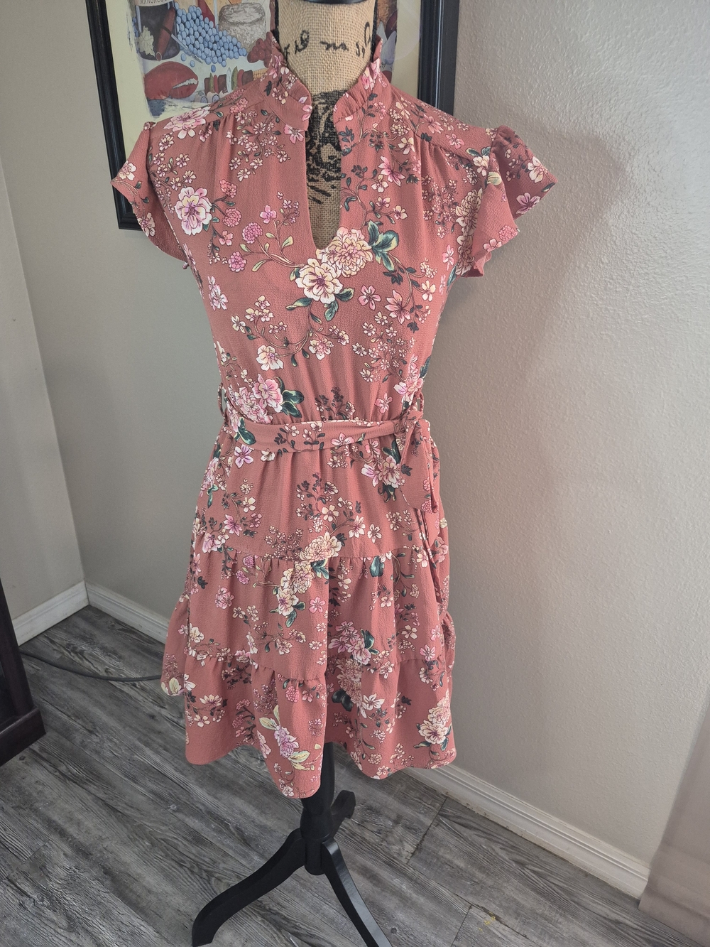 Monteau Dusty Rose Floral Tiered Mini Dress